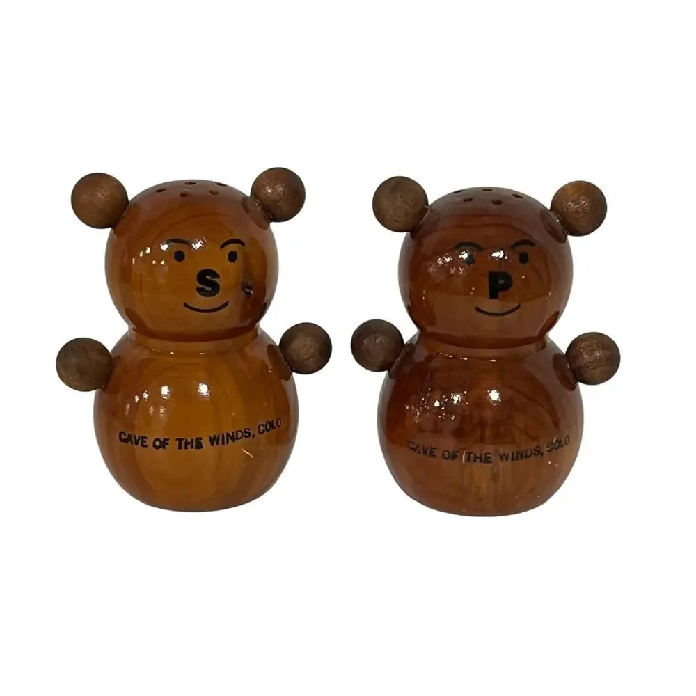 Vintage Wood Bear Salt Pepper Shakers Cave of the Winds Colorado Souvenir‎ Set